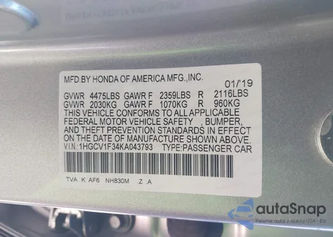 2019 Honda Accord Sport из США, поврежденный, VIN 1HGCV1F34KA043793